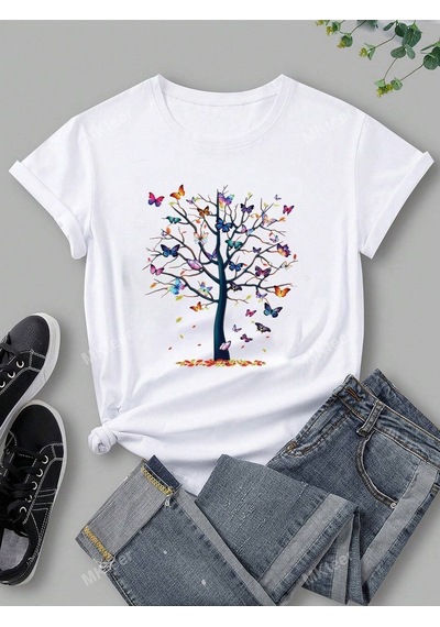 Flood Of Style Kadın Beyaz Kelebek Ağaç Baskılı Oversize