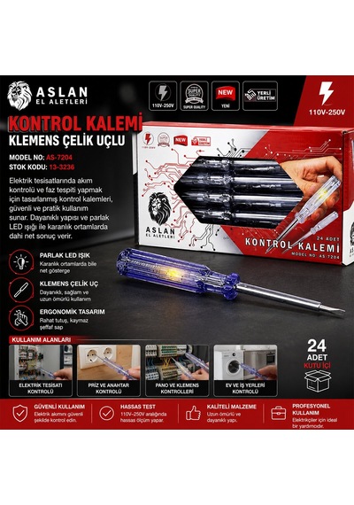 Gold Düz Kontrol Kalemi Klemens Çelik Uçlu- 24'li Paket