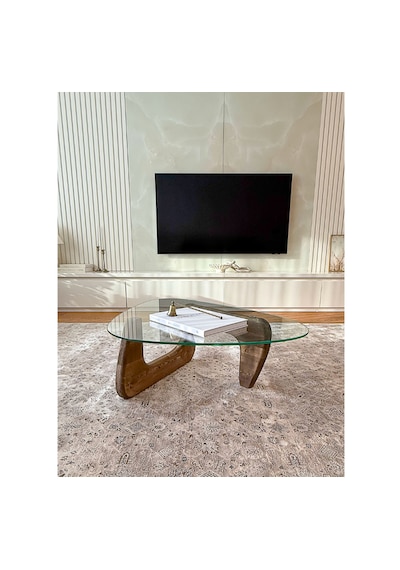 Orta Sehpa - Ceviz Renkli Asimetrik Model 90x65 Cm Temperli Cam Ahşap