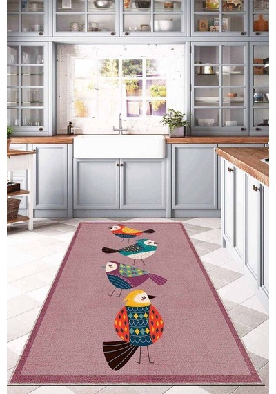 Pembe Kaymaz Taban Yıkanabilir Papağanlı Mutfak Halısı Ar863n11