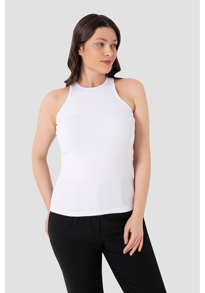 Arma Yıldız Kadın Pamuklu Fitilli Görünümlü Halter Yaka Basic Beyaz Atlet beyaz