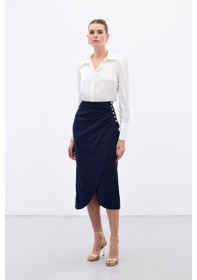 Sateen Düğme Detaylı Kalem Etek - Lacivert-136779 Lacivert