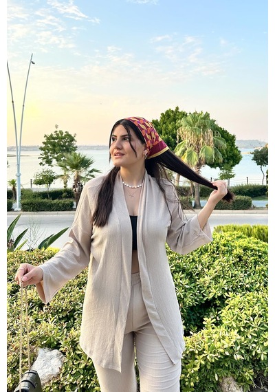 Taş Renk Cep Detaylı Dar Paça Kimono Takım Taş