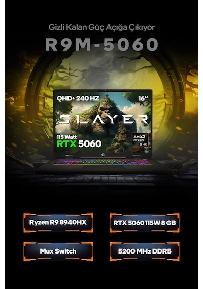 Game Garaj Slayer R9M-5060-C2 R9-8940HX 32 GB 2 TB SSD RTX5060 16" Freedos Gaming Laptop