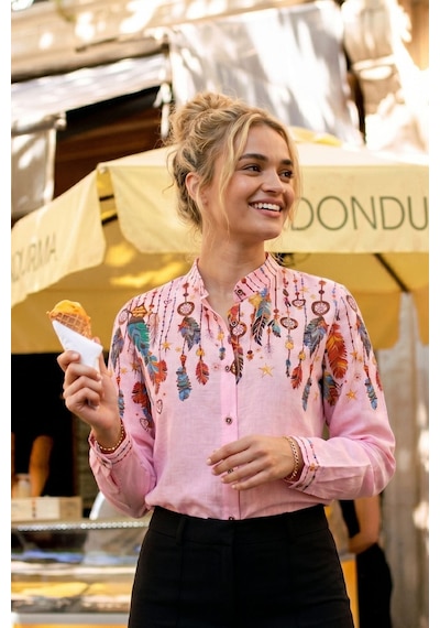 Armonika Kadın Toz Pembe Hakim Yaka Desenli Gömlek Arm-25y001013