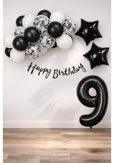 Siyah Konsept 9 Yaş Doğum Günü Kutlama Seti Beyaz Siyah Konfetili Balon, Rakam Yıldız Folyo Ve Banner 2 Yaş Mavi