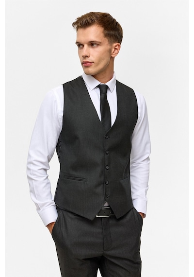 Süvari Siyah Slim Desenli Mono Yaka 6 Drop Yelekli Takım Elbise-38744 Siyah
