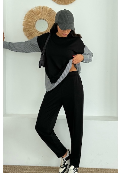 Ded Collectıon Kadın Mavi Beyaz Çizgili Modern Tasarım Uzun Kollu Gömlek Detaylı Sweatshirt Modal Takım Siyah