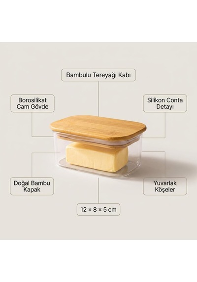 Bambu Kapaklı Borosilikat Cam Tereyağı Kavanozu 12 8 5 Cm, Dikdörtgen Şeffaf Tereyağlık, Contalı Kapak, Kahvaltılık Saklama Ve Sunum Kabı, 1 Adet