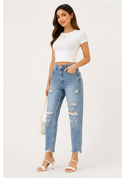 Lili Woman Kadın Yüksek Bel Yırtık Detaylı Mom Fit Jean Pantolon Ty.yjn01 Mavi