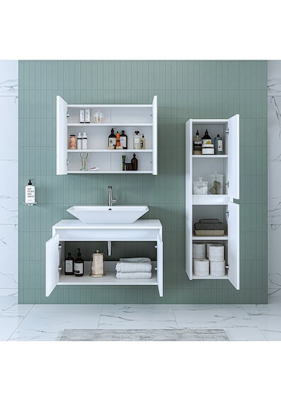 Banos Banyo Roomart Lavabolu Mat Beyaz Mdf 85 Cm Banyo Dolabı+Ayn Mat Beyaz