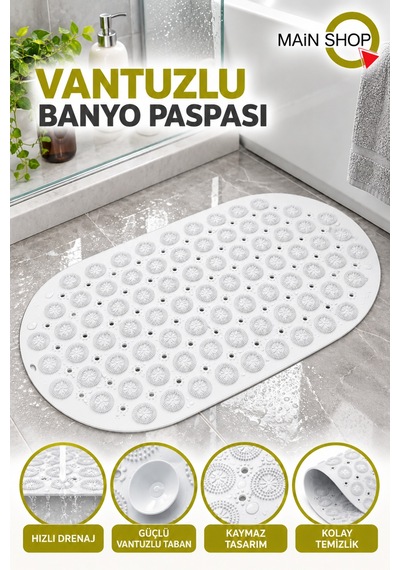 Vantuzlu Banyo Ve Duşakabin Kaydırmaz Paspas, Küvet İçi Masaj Etkili Mat 37x69 Cm M-142 Beyaz