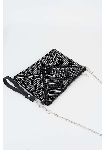 Vivaq Kadın Geometrik Gümüş Taşlı Süet Bilek Askılı Ve Zincir Askılı Portföy El Ve Clutch Çanta SİYAH