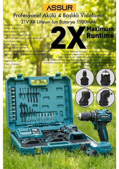Assur 21V Çift Akülü Vidalama 4 Başlıklı Kömürsüz Motor Şarjlı Matkap - 2801