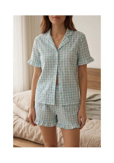 Fit Women Kare Desenli Fırfır Detaylı Şortlu Pijama Takımı 8070 Yeşil