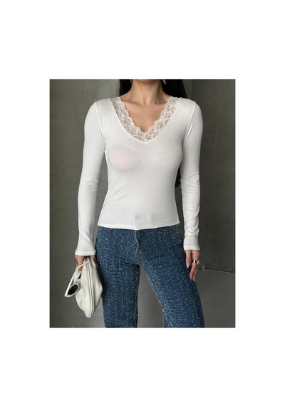 Dima Fashion Dantel Detaylı Bluz Beyaz