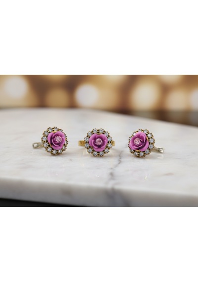 El İşçiliği Pembe Gül Detaylı Vintage Stil Gümüş Ve Bronz Yüzük Küpe Otantik Takı Seti Mod113 Gümüş