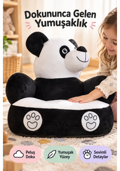 Panda Peluş Minder 45 Cm Siyah Beyaz Çocuk Koltuğu Yumuşak Oturma Minderi Oyun Ve Kitap Köşesi Evde Çok Renkli