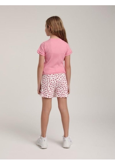 Escabel Kız Çocuk Pamuklu Kolları Kısa Fırfırlı T-shirt-15611 Pembe