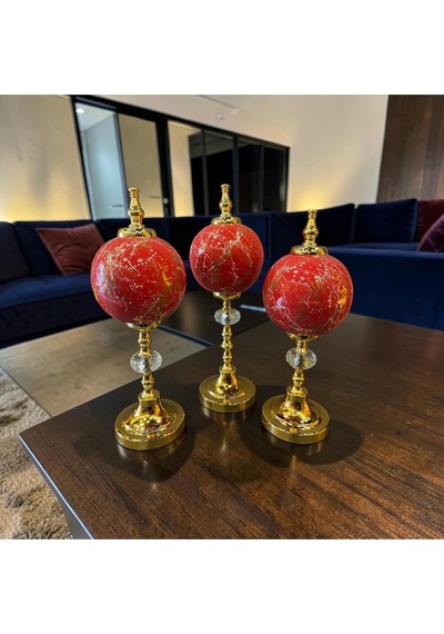 Ruby Gold Küre Dekoratif Obje Seti Kırmızı Mermer Desenli Lüks Modern Masa Üstü Ev Aksesuarı