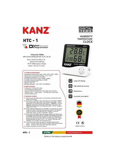 Kanz Htc-1 Dijital Termometre Ve Nem Ölçer Saat, Alarm, Takvim Ve Hafıza Özellikli