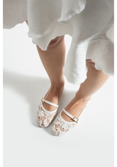 Dabab Shoes Merına Kadın Beyaz Düz Babet Dantel Dokuma Çiçek Desenli Tokalı Düz Ayakkabı