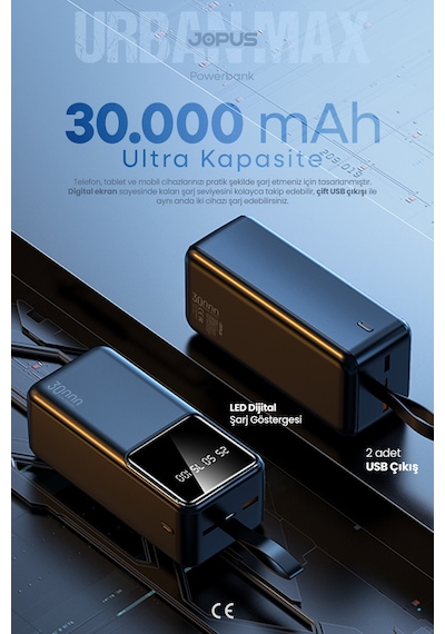Jopus 30000mah Powerbank Lcd Ekranlı Taşıma Askılı Güçlü Taşınabilir Şarj Cihazı Siyah