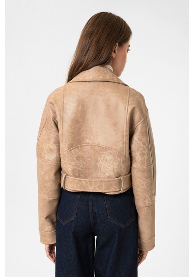 Antioch Kadın Suni Deri Crop Biker Ceket Bej