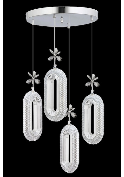 LumiaLighting Eclipse Model 4'lü Gümüş Kumandalı 3 Renk Modu Ledli Kristal Taşlı Modern Salon Mutfak Oturma Odası Led Avize