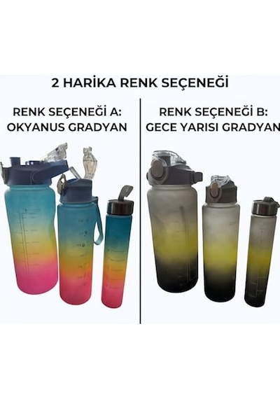 3'lü Motivasyonel Matara Seti, İç İçe Geçebilir Tasarım, 2000ml, 900ml Ve 300ml, Gradyan Renk Seçenekleri, Sticker Ve Pipet Hediyeli Gece Yarısı 0