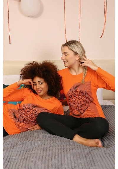 Akbeniz Kadın Uzun Kol Penye Pijama Takım 4177 - L Turuncu