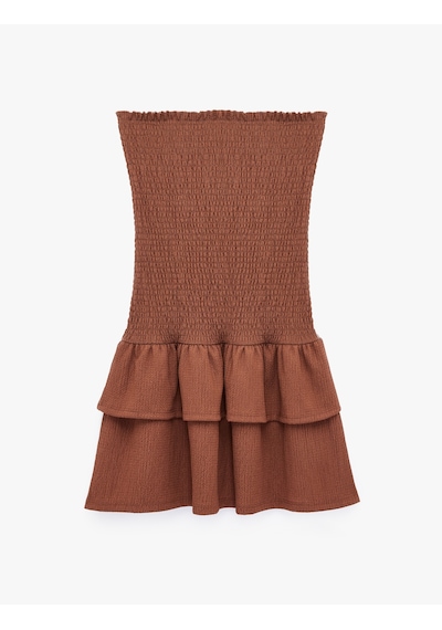 Koton Bürümcük Kumaş Katlı Volanlı Slim Fit Gipeli Straplez Mini Elbise Kahverengi 6sal80243ık Kahve