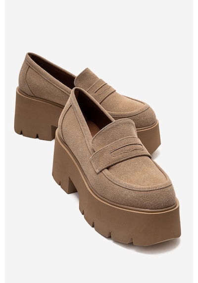 Luvishoes Santıa Toprak Süet Kadın Kalın Tabanlı Loafer Ayakkabı Toprak