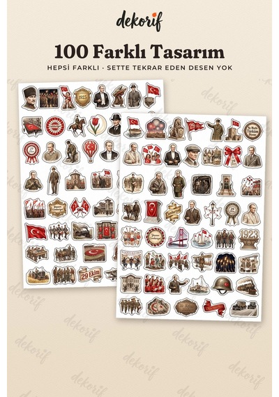 Atatürk Sticker Seti 100 Adet - 29 Ekim Cumhuriyet Bayramı Türk Bayrağı Vintage Ajanda Çıkartma Çok Renkli