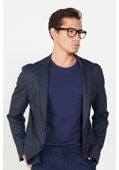 AC&Co / Altınyıldız Classics Erkek Lacivert Slim Fit Dar Kesim Mono Yaka Baskılı Ceket Lacivert