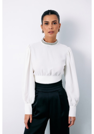 Sateen Yaka Aksesuarlı Bluz - Ekru-135192 Ekru