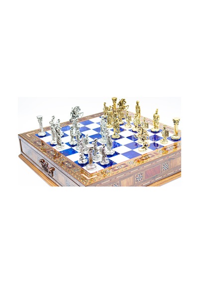 Saklamalı - 998 - Satranç Roma Oymalı Sc38s - 38cm, Mavi Tahta - Concepta - - Sc38m