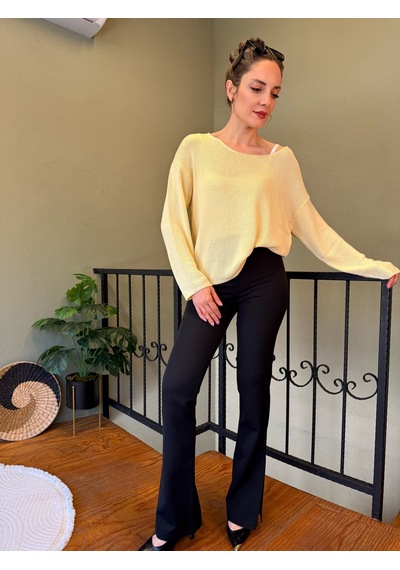 Ali Butik Sarı Oval Yaka Dökümlü Triko Sarı