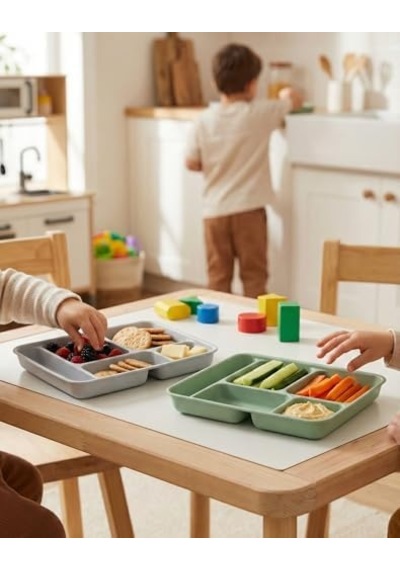 Evim Trend 2 Adet 5 Bölmeli Servis Tabağı Ve Tabldot Seti - Bpa İçermez, Çok Amaçlı Kahvaltı, Diyet, Çerez Ve Sunum Tabağı - Kırılmaz Piknik Seti 31x21 Cm - Gri Ve Yeşil Açık Gri