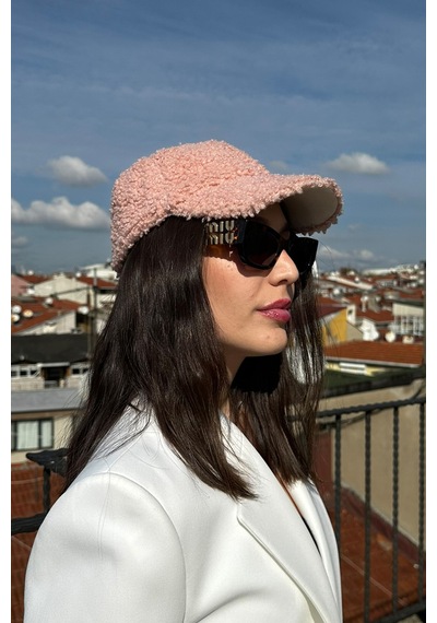 Mollycrush Kadın Teddy Dokulu Kışlık Kadın Vizör Şapka Yumuşak Kuzu Kürk Görünümlü Model Pembe
