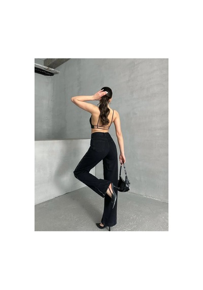 Kene Jeans Yüksek Bel Yan Fermuar Detaylı Siyah Bol Paça Jean Siyah