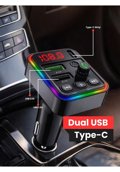 Bluetooth Araç İçi Fm Transmitter Pd + 3.1a Hızlı Şarj Çift Usb Rgb Led Ekranlı Müzik Çalar