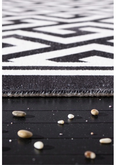 Modern Siyah Beyaz Geometrik Kilim Kaymaz Taban, Yıkanabilir, Salon & Oturma Odası Siyah Siyah
