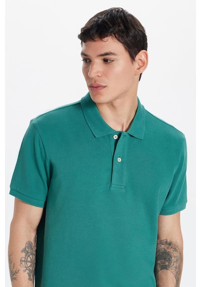 Tudors Erkek Slim Fit Dar Kesim %100 Pamuk Yeşil Yaka Tişört-32772 Eğrelti Yeşili Yeşil