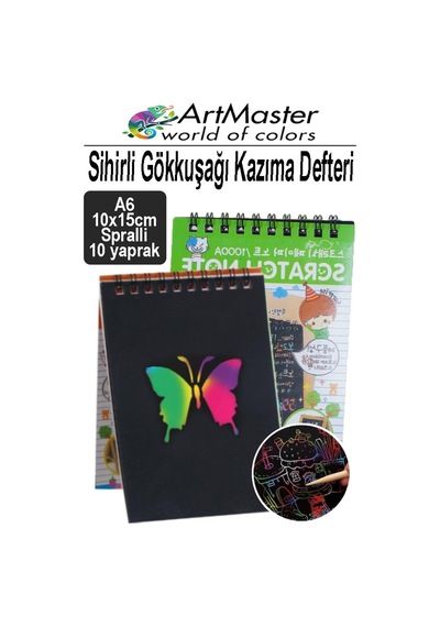Gökkuşağı Kazıma Defteri Sihirli A6 10x15 Cm 1 Paket 10 Sayfa Spiralli Scratch Note Spralli Siyah Sihirli Resim Defteri Siyah