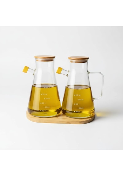 Deconox 2'li Büyük Boy Şeffaf Cam Yağdanlık Seti - Bambu Kapaklı Ve Standlı Elmas Desenli Yağlık Sirkelik 2 X Diğer