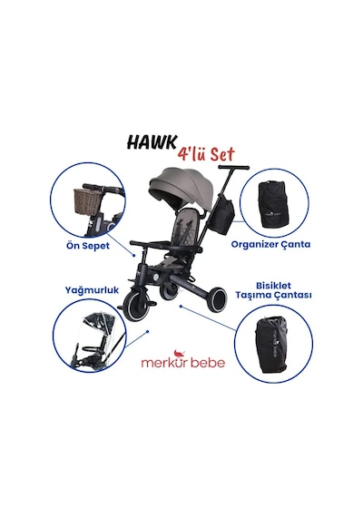 Merkür Bebe 9in1 Hawk Çift Yönlü Katlanabilir Yatabilir Ayak Destekli Üç Tekerlekli Bebek Ve Çocuk Bisikleti Seti Yeşil