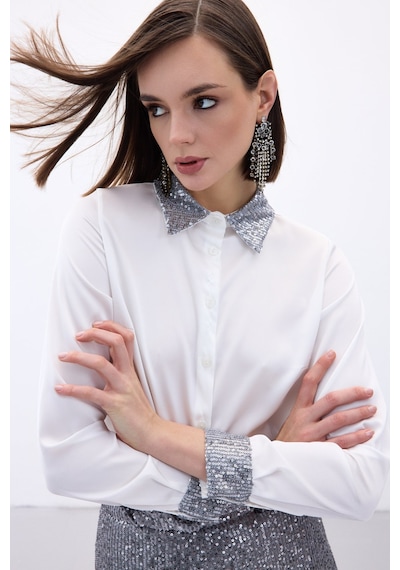 Sateen Payet Detaylı Saten Gömlek - Gri-136688 gri