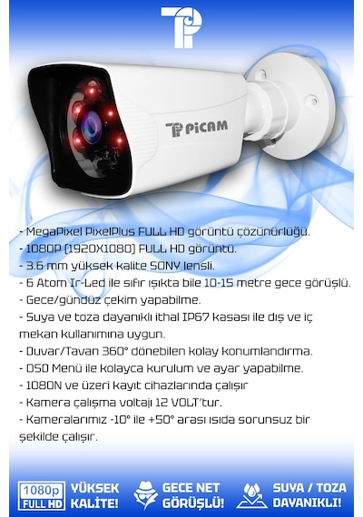 Picam 8 Kameralı Kare 2 İç Kamera Set 320 GB HDD Full HD Gece Görüşlü Güvenlik Kamerası Sistemi