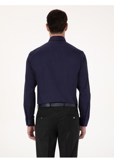 Cacharel Lacivert Slim Fit %100 Pamuk Non Iron Kolay Ütülenebilir Klasik Gömlek